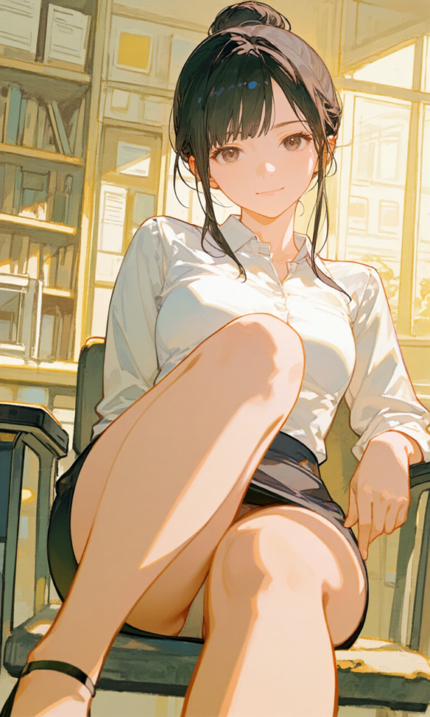 椅子に座った女性、下着が見えている