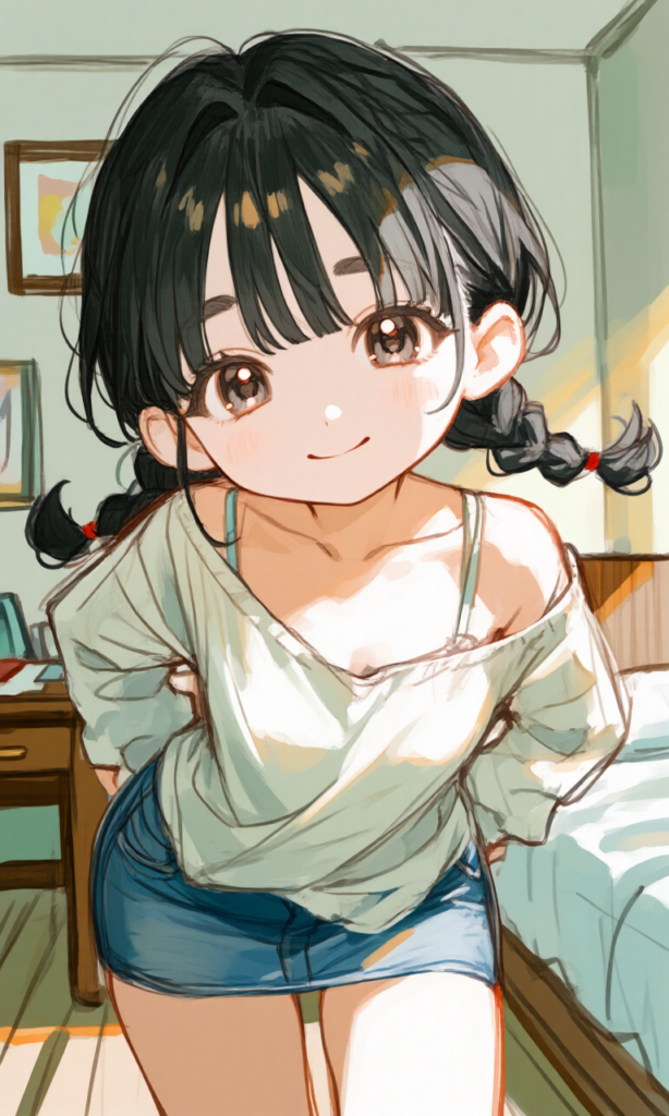 オフショルダーを着てはにかんでいる少女