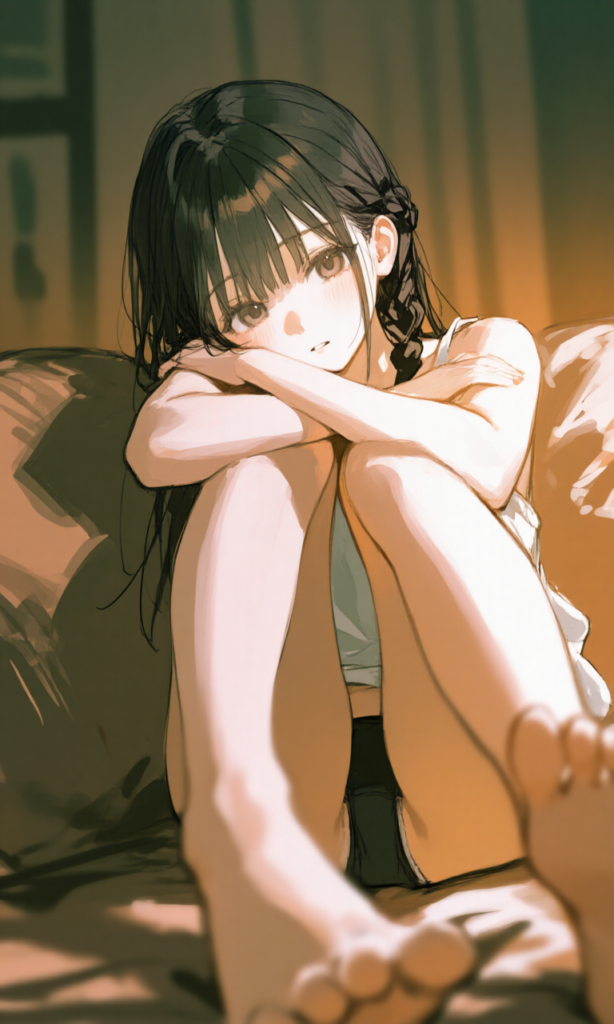 下着姿で物思いにふける女の子