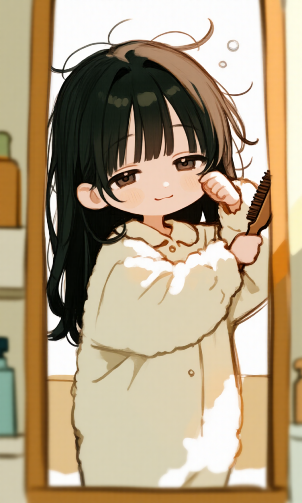 鏡に向かって髪をブラッシングしている女の子