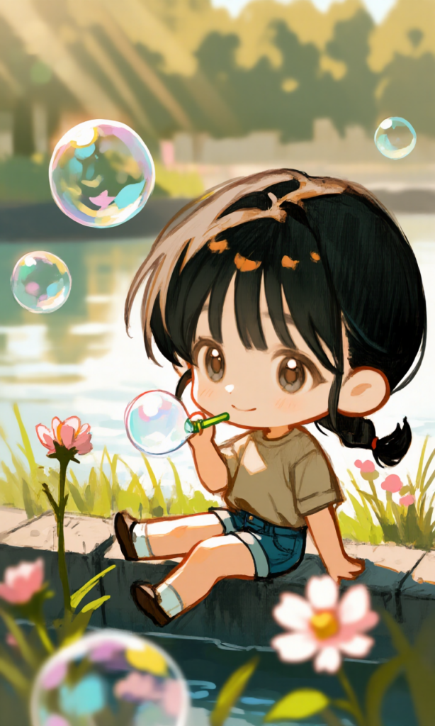 シャボン玉で遊ぶ少女