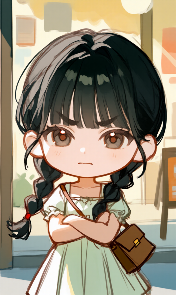 店の前で怒った顔の女の子