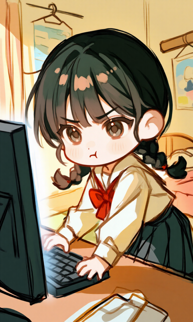 怒りの表情でパソコンを打つ女の子