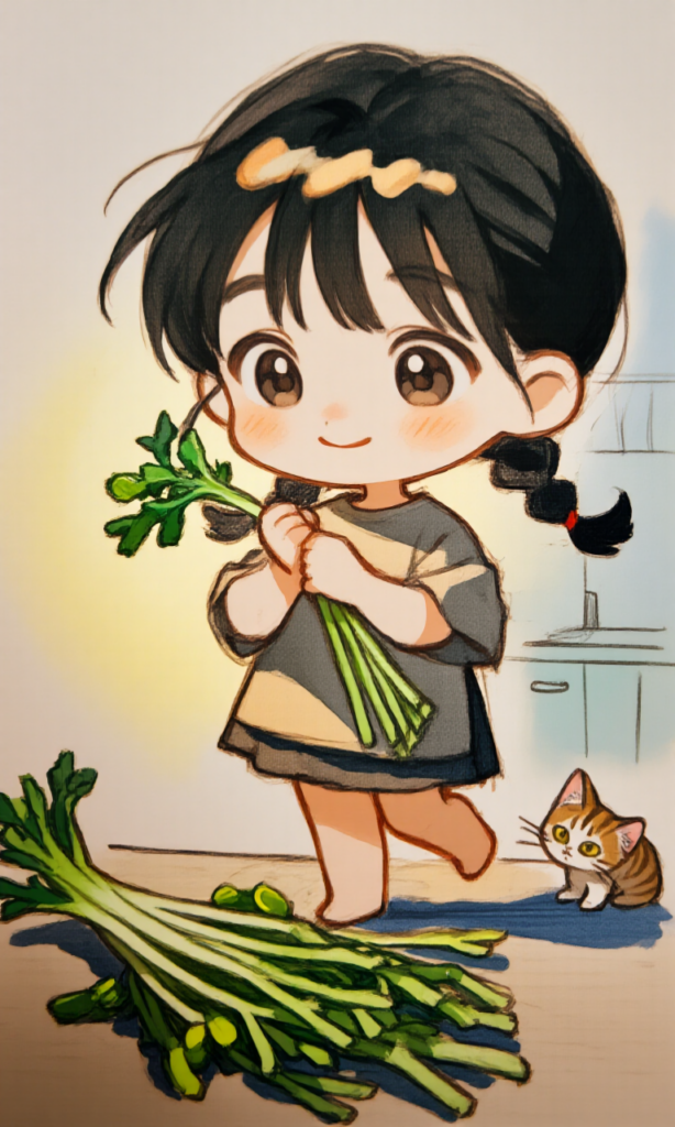 野菜を調理している女の子