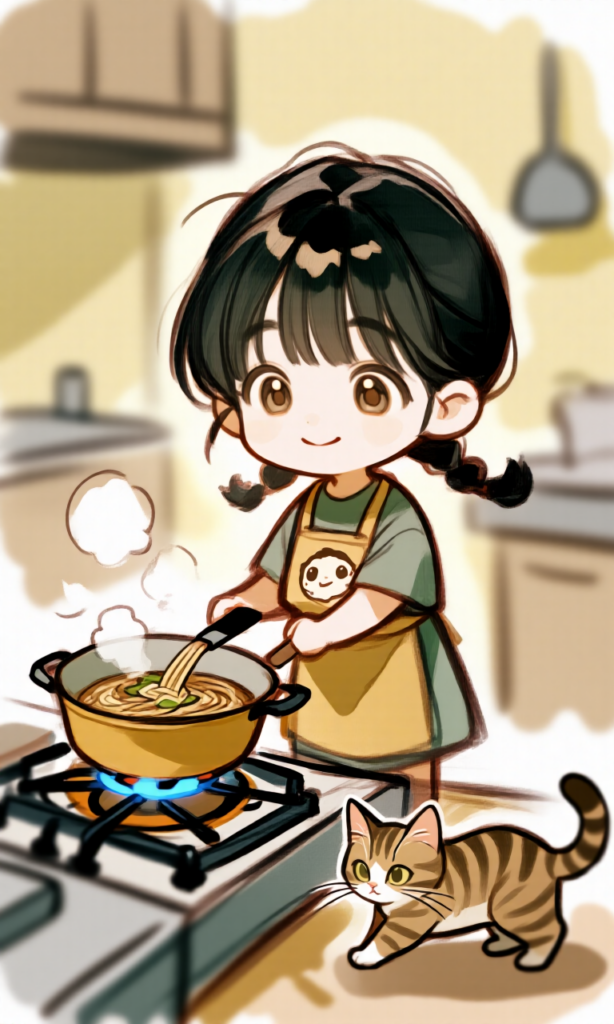 蕎麦をゆでる女の子