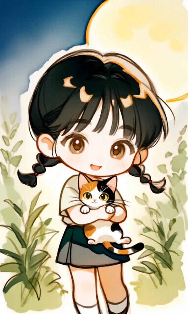 月と女の子と仔猫