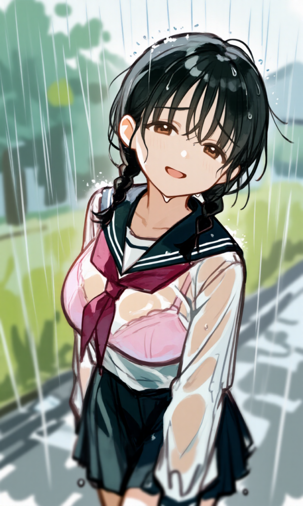 雨に濡れた女子高生