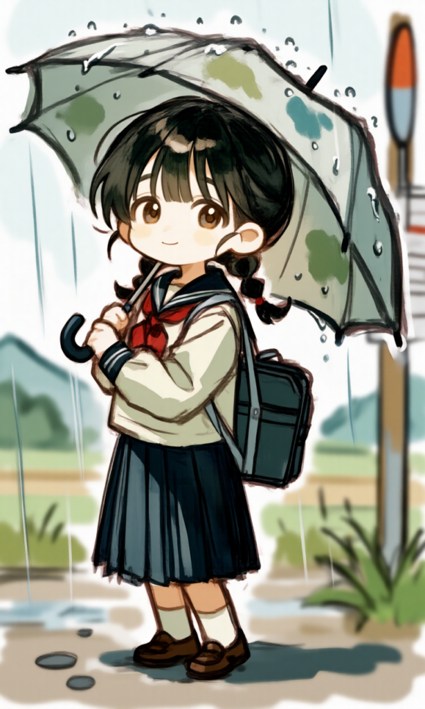 傘をさすセーラー服の少女