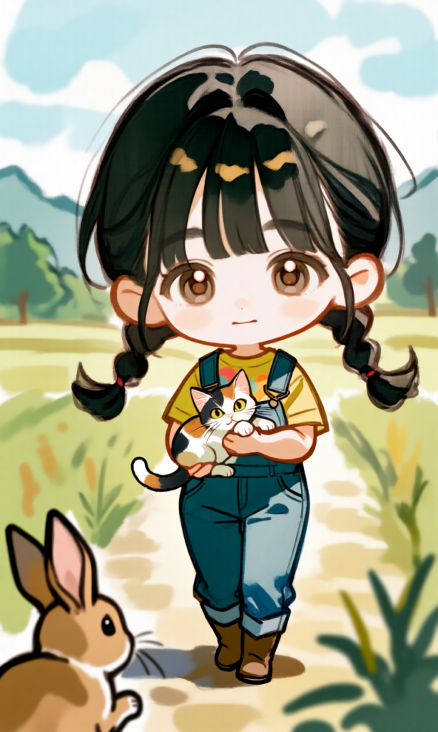 仔猫とウサギと女の子