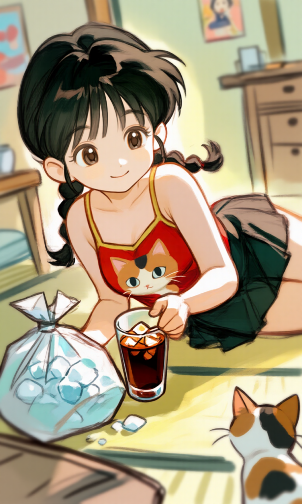 畳に寝転がっている女の子と猫