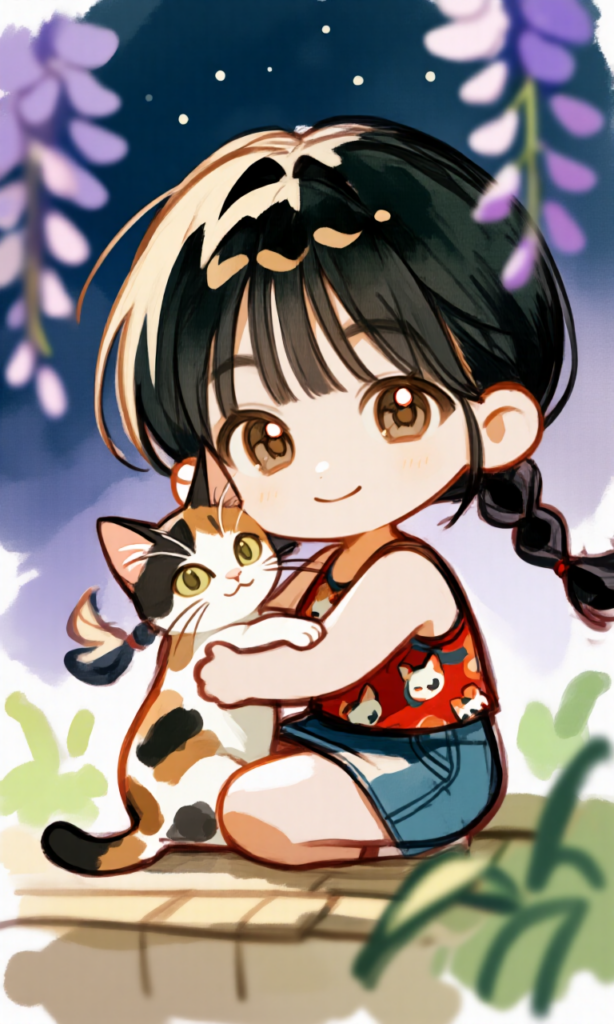 縁側に座る少女と猫